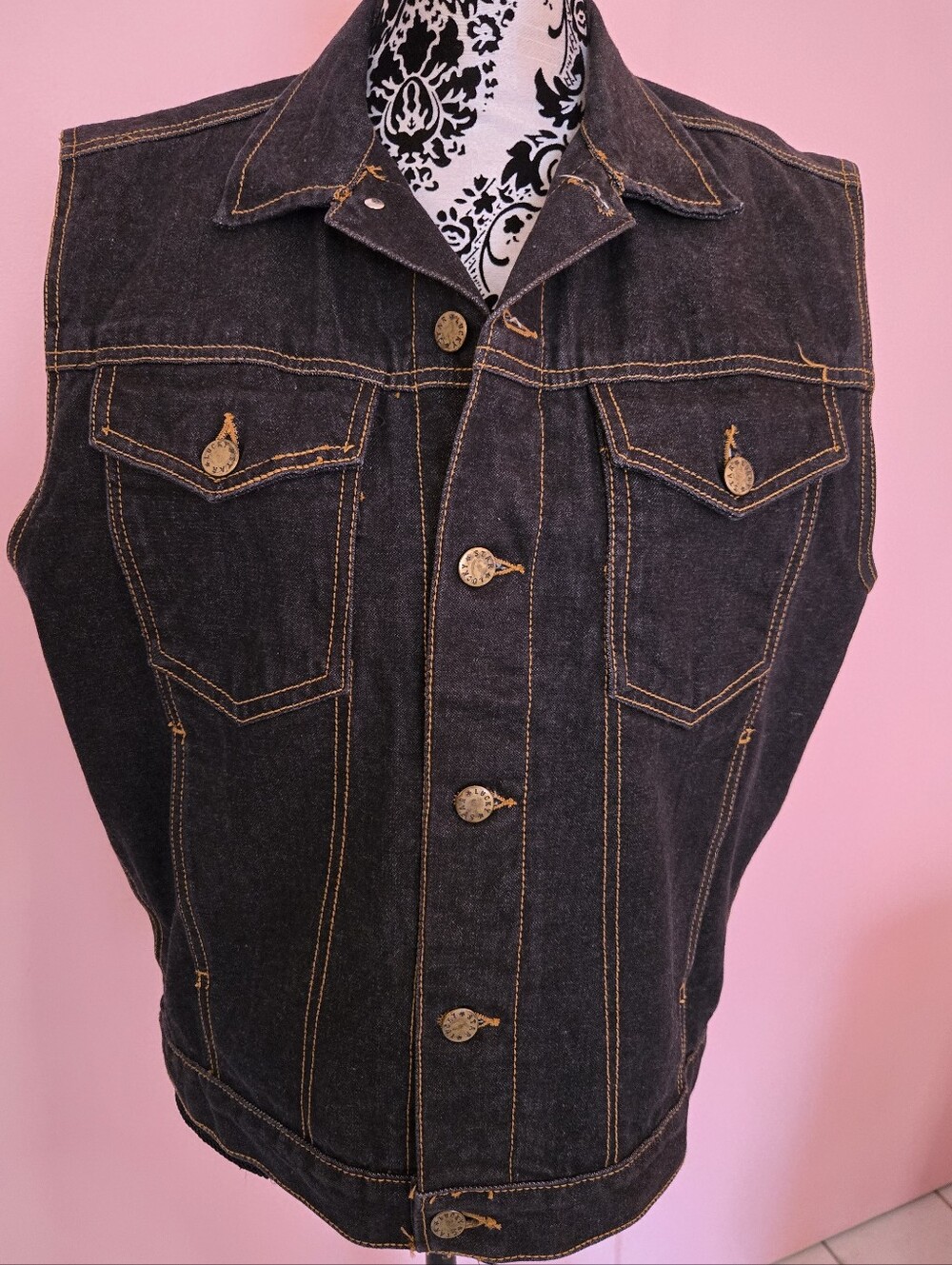 Black Denim Vest with Contrast Stitching
